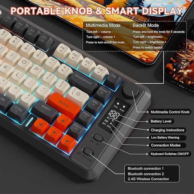 ZIYOU LANG M75 Wireless Gaming Keyboard RGB Backlit Rechargeable 2000mAh Battery Small Membrane But Mechanical Feel Keyboard with Smart Display &amp Knob PBT Gradient keycaps for PC MAC - Shimmer