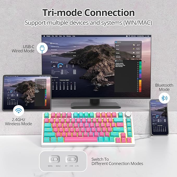 75% Wireless Creamy Mechanical Keyboard Hot Swappable Custom RGB Backlit Gasket Gaming 2.4G/BT5.0/USB-C Pink Mechanical Keyboard Pre-lubed Linear Gray Cream Switches