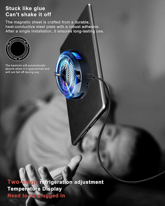 iPad CoolerMagnetic Tablet Cooler for ipad/Surface pro/Samsung Tab/Steam DeckIpad Cooling Fan with Temperature Monitor LED Gaming Light for Mobile GamingTiktok Live Streaming Black