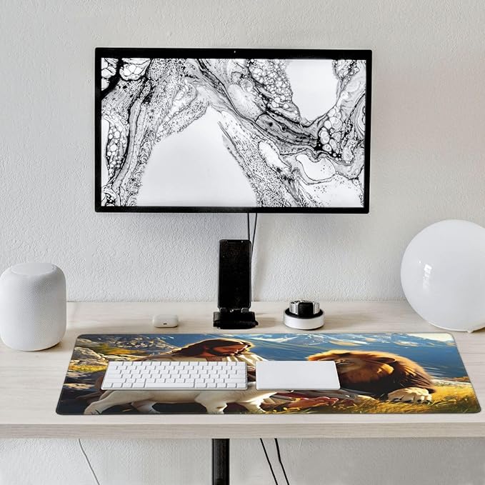 XXL Gaming Mouse Pad Extended (35.5X16) Jesus with Lion &amp Lamb Large Non-Slip Desk Mat Water-Resistant Keyboard Mousepad for Office &amp Home