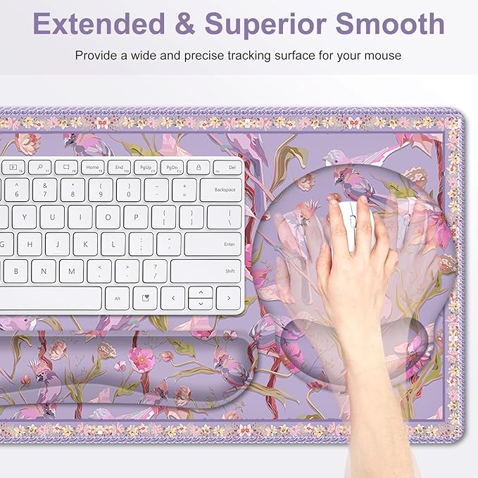 Flower Desk Mat 4in1 Large Mouse Pad with Wrist Rest Cute Desk Matt for Desktop Desk Pad Mat Anti-Slip XXL Computer Ergonomic Mousepad with Wrist Support for Keyboard and Mouse I Purple Bird