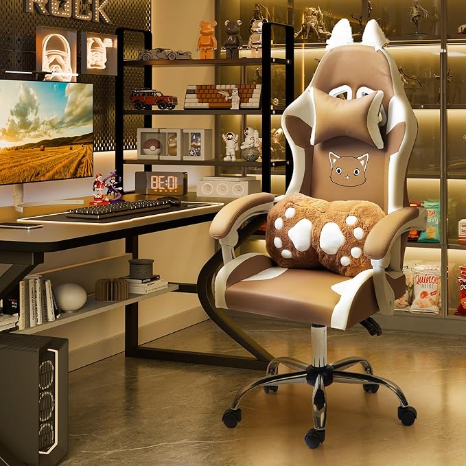 ALEAVIC Gaming Chair with Cat Paw Lumbar Cushion and Cat Ears Reclining PC Game Computer Chairs Ergonomic Gamer Chair for Kids Girls Teens (Brown)