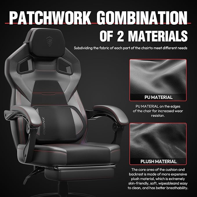 Dowinx Gaming Chair with Footrest Big and Tall Gaming Chair for Heavy People Gamer Chair for Adult with Massage Ergonomic Gaming Chair with headrest Computer Game Chair for 200lbs Black