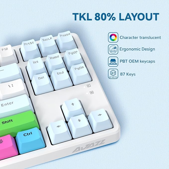 MAGIC-REFINER AK873 75% Wired Mechanical Gaming Keyboard Anti-ghosting Blue Switch8Pcs DIY Sublimation Color keycapsRainbow LED Backlist for PC Xbox PS4Mac Users(Blue White)