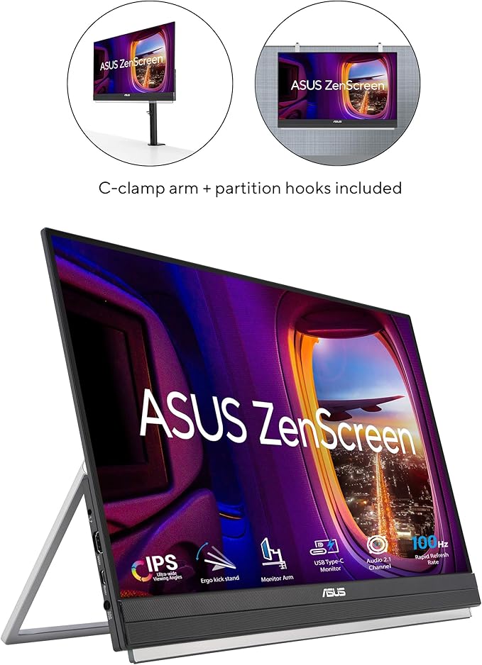 ASUS ZenScreen 22” (21.5 viewable) 1080P Portable Monitor (MB229CF) – Full HD IPS 100Hz USB-C PD 60W Speakers Carrying Handle Kickstand C-clamp Arm Partition Hook Subwoofer 3 yr Warranty