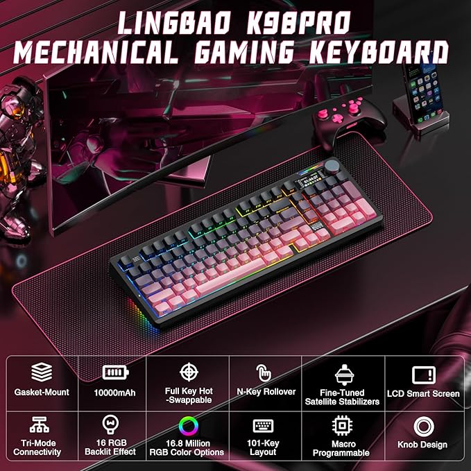 LINGBAO K98 PRO Mechanical Keyboard Wireless with Screen &amp KnobRGB Gaming Keyboard Tri-Mode BT5.0/2.4GHz/USB-C Gasket Mount Hot-Swappable Linear Switches Gamer Keyboards for PC/Mac/Linux/Andro
