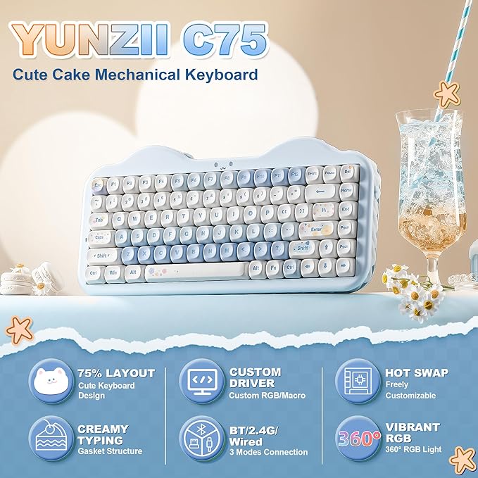 YUNZII C75 Wireless Mechanical Keyboard75% Layout Hot-Swappable NKROBT5.0/2.4G/USB-C ModeDye-Sub PBT MOA KeycapsRGB Gasket MountCute Cake Design for Mac/Win/Gaming (Blue Candy Switch)