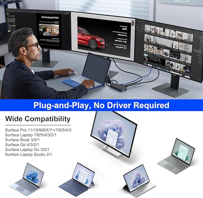 Surface Docking Station 12-in-1 Triple Displays Dual HDMI+VGA Surface Dock Surface Pro Docking Station for Surface Pro 11/10/9/8/X/7/6/5/4/3 Surface Laptop 7/6/5/4 Surface Book/Go Dock