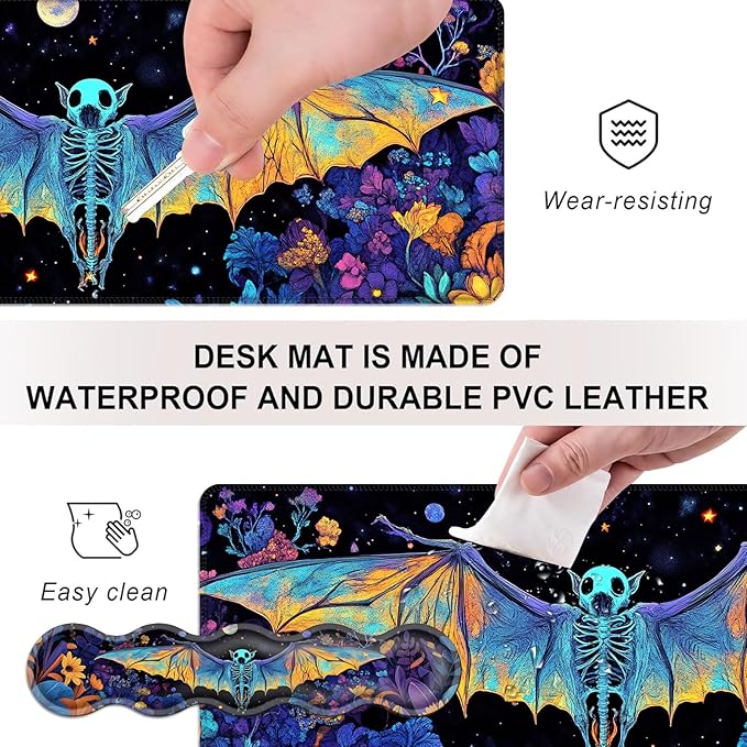 Mouse PadLarge Desk Mat Set 4in1 XL Mousepad + Keyboard Wrist Rest+Mouse Wrist Rest+Coaster with Ergonomic Desk Pad for Home Office Table Computer Cover -Neon Skeleton Bat