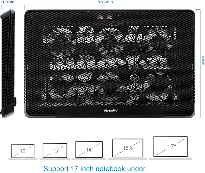 Portable Metal Mesh Laptop Cooler Cooling Pad 6 Quiet Fans w/Green LED Light 5 Adjustable Heights Up to 17 in Notebook 2 USB Interface w/Speed Control Switch Non-Slip - Black (11147)
