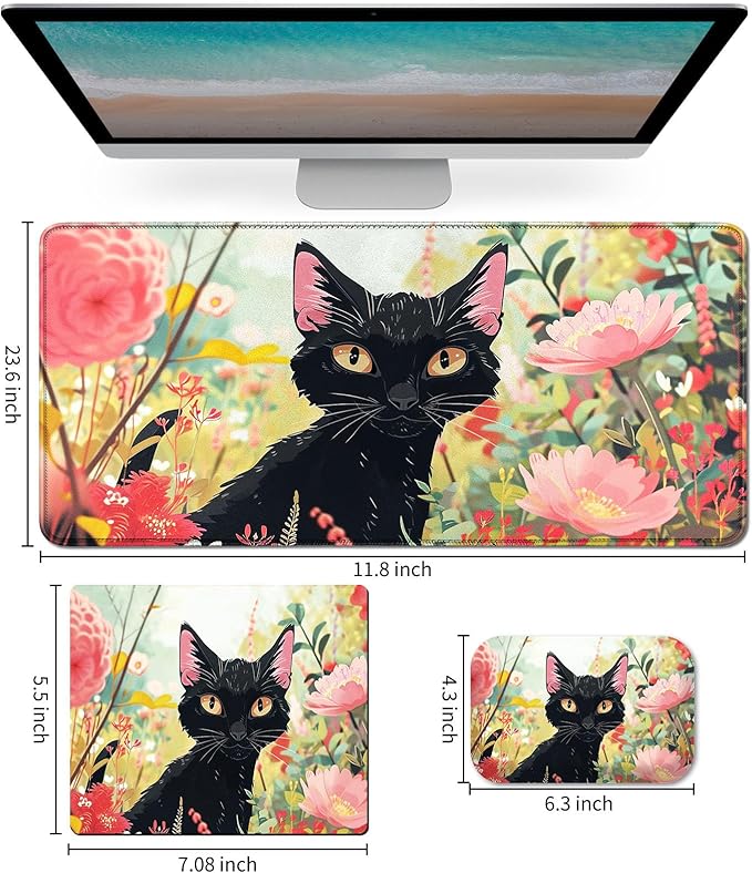 Mouse Pad Desk Mat Ergonomic Wrist Support Pad SetMouse Wrist Rest Keyboard Pad with Stitched Edges and Non Slip Base-Black Cat Pink Flowers Cartoon