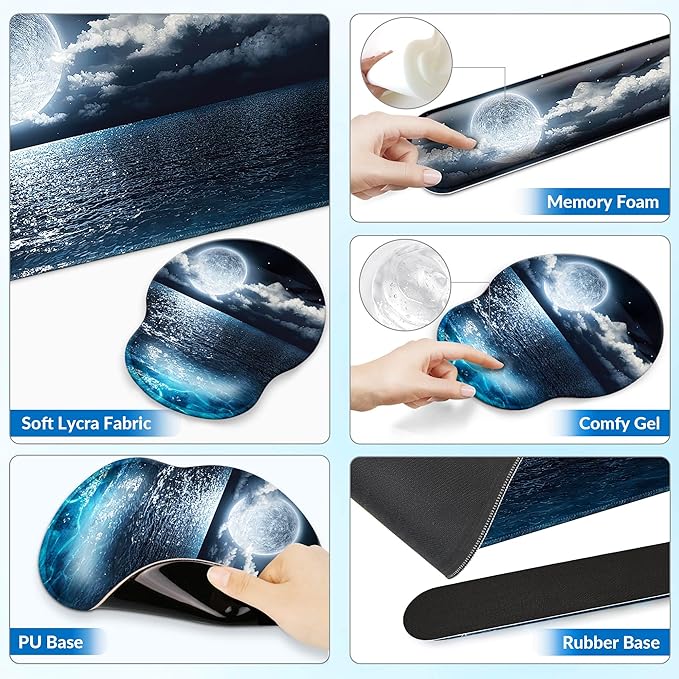 Desk Mat Set + Keyboard and Mouse Pad with Wrist Rest Support4-in-1 Large Mousepad Computer Mats for Desktop Home &amp Office-Night Moon