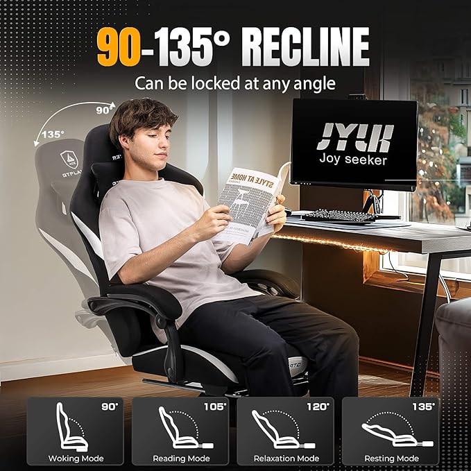 GTPLAYER Gaming Chair with Foot Rest &amp Pocket Spring Cushion Ergonomic High Back Computer Desk Chair with Headrest &amp Lumbar Support for Back Pain Relief Breathable Fabric Black