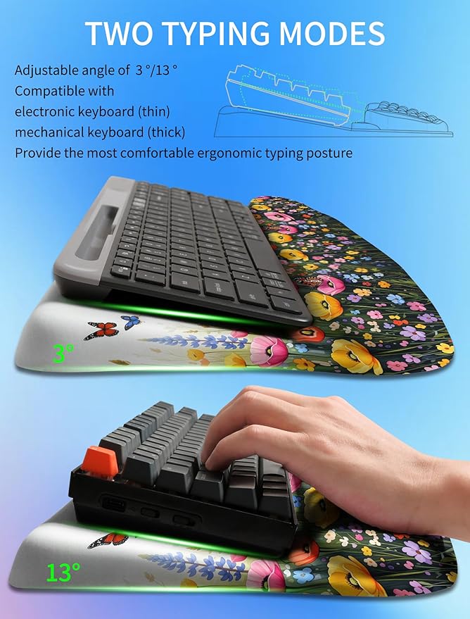 Ergonomic Wave Wrist Rest with Keyboard Stand Cushioned Palm Rest Comfortable Integrated Memory Foam for Natural Typing and Relieve Wrist Pain Flowers and Butterflies