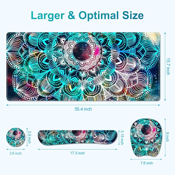 Large Mouse Pad with Wrist Support 4 in1 Set XXL Big Game Mousepad + Keyboard Wrist Rest+Mouse Wrist Rest+Coaster Ergonomic Gaming Mat for Home Office Table Computer I Nice Green Mandala