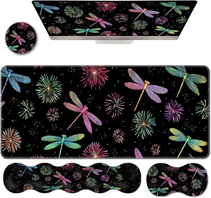 Ergonomic Keyboard Wrist Rest &amp Mouse Pad Wrist Rest SetXL Gaming Desk Mat 31.5x 11.8Non-Slip BaseMemory FoamEasy Typing Pain Relief for Office &amp HomeDragonflies and Fireworks