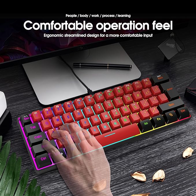 Snpurdiri 60% Wired Gaming KeyboardTrue RGB Small Compact 61 Keys Mini Keyboard for PC/Mac Gamer Typist Travel Easy to Carry on Business Trip(Black-Red)