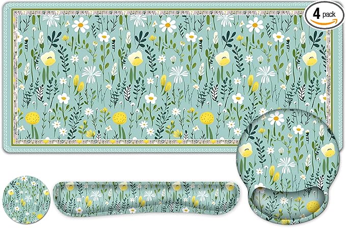 Floral Desk Mat 4in1 Large Mouse Pad with Wrist Rest Desk Matt for Desktop Desk Pad Mat Anti-Slip XXL Computer Ergonomic Mousepad with Wrist Support for Keyboard and Mouse I Green Elegant Flowers