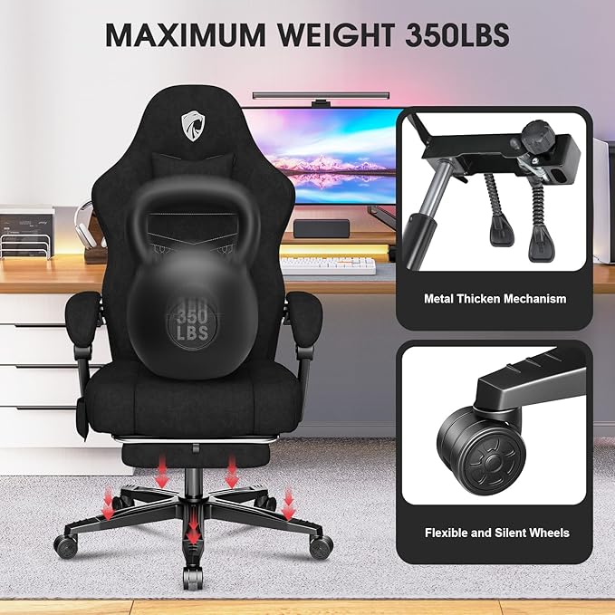Gaming Chair Fabric Computer Office Chair with Massage Ergonomic Chair with Footrest Lumbar Support Pocket Spring Widened Cushion Metal Legs 350LBS Black