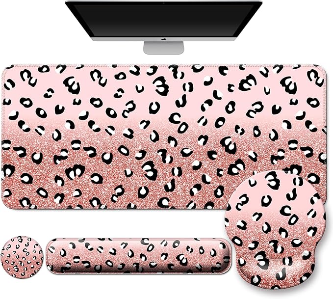 Mouse Pad + Desk Mat + Keyboard Wrist Rest + Coaster 4 in 1 Set Cute Ergonomic Large Gaming Mousepad with Wrist Rest Support Desk Pad for Computer Laptop Office Home Decor-Glittery Leopards