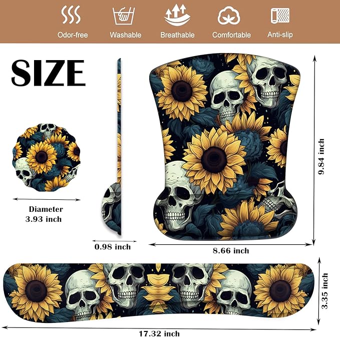 Keyboard Wrist Rest and Mouse Pad Wrist Support with Lace-Shaped Coaster Set Ergonomic Gel Memory Foam and Anti-Slip Base Easy Typing and Pain Relief - Skull Sunflower