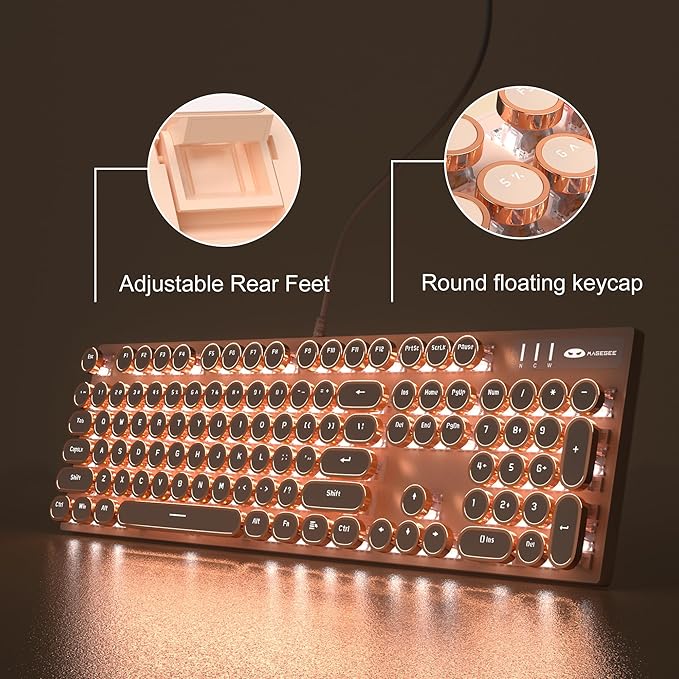 MageGee Typewriter Mechanical Gaming Keyboard Retro Punk Creamy Round Keycaps 104 Keys LED White Backlit Wired Keyboards for Laptop MAC PC Gamer with Magnetic Wrist Rest Blue Switch