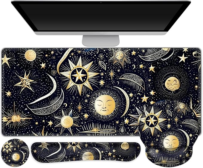 Gaming Mouse Pad Large Desk Mat Cute Desk Pad Protector 4in1 XXL Mousepad + Keyboard Wrist Rest+Mouse Wrist Rest+Coaster Set with Ergonomic Desk Pad for Home Office PC Computer Stars and Moon