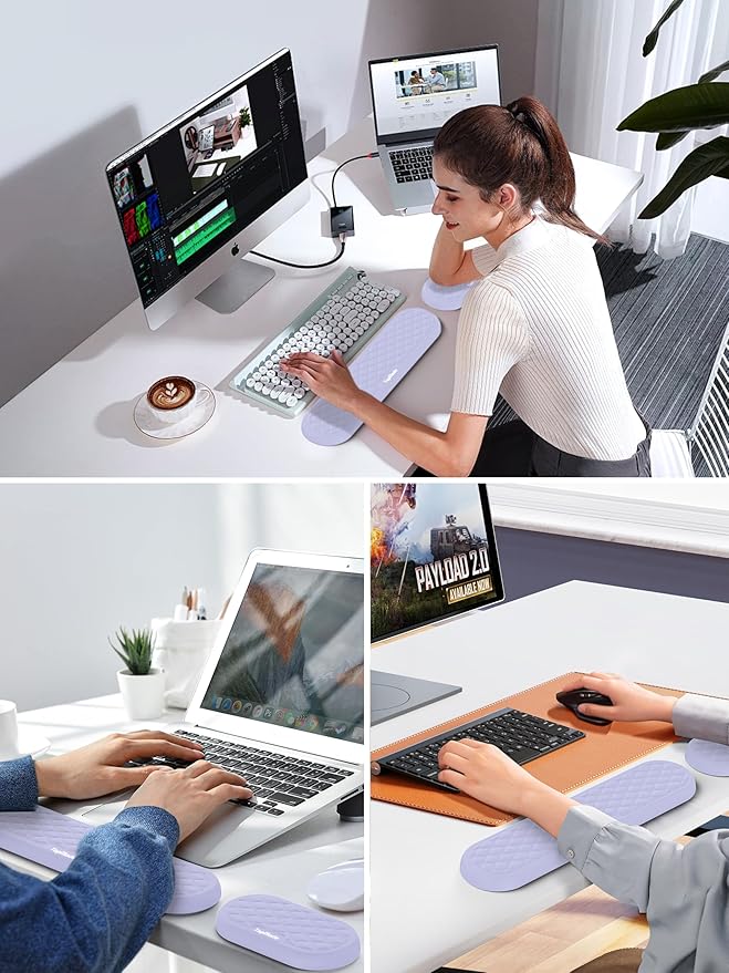 TopMade Upgraded Wider Wrist Rest Set Soft Memory Foam Keyboard Hand Rest Pad Computer Ergonomic Keyboard Mouse Wrist Support for Typing Pain Relief Comfort for Office Gaming Study Purple