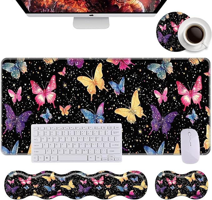 Keyboard Wrist Rest+Mouse Wrist Pad+Desk Pad SetMemory Foam Ergonomic Easy Typing Pain Relief for Computer Laptop Office Home - Butterfly