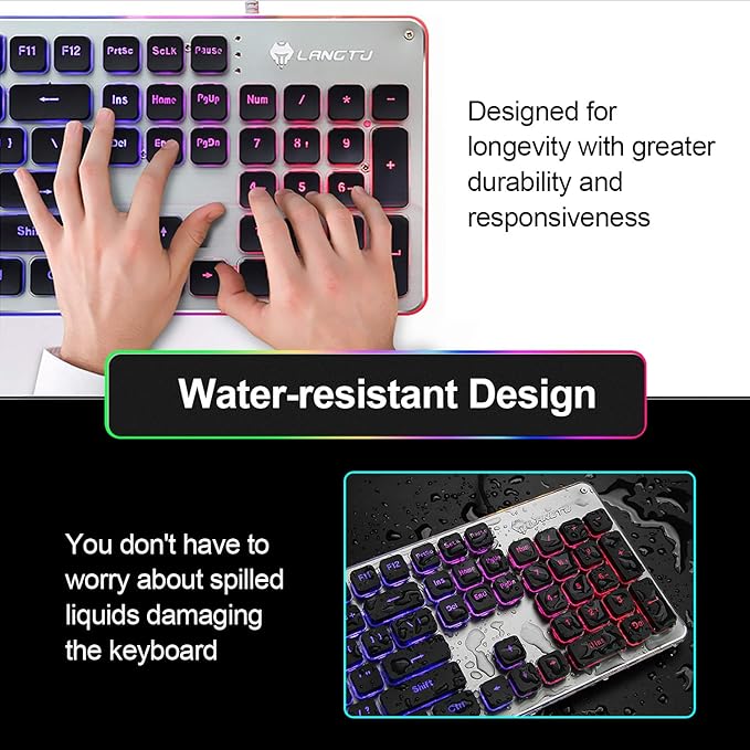 LANGTU Membrane Gaming Keyboard Colorful LED Backlit Quiet Keyboard for Study All-Metal Panel USB Wired 25 Keys Anti-ghosting Computer Keyboard 104 Keys - L1 Black/Silver…