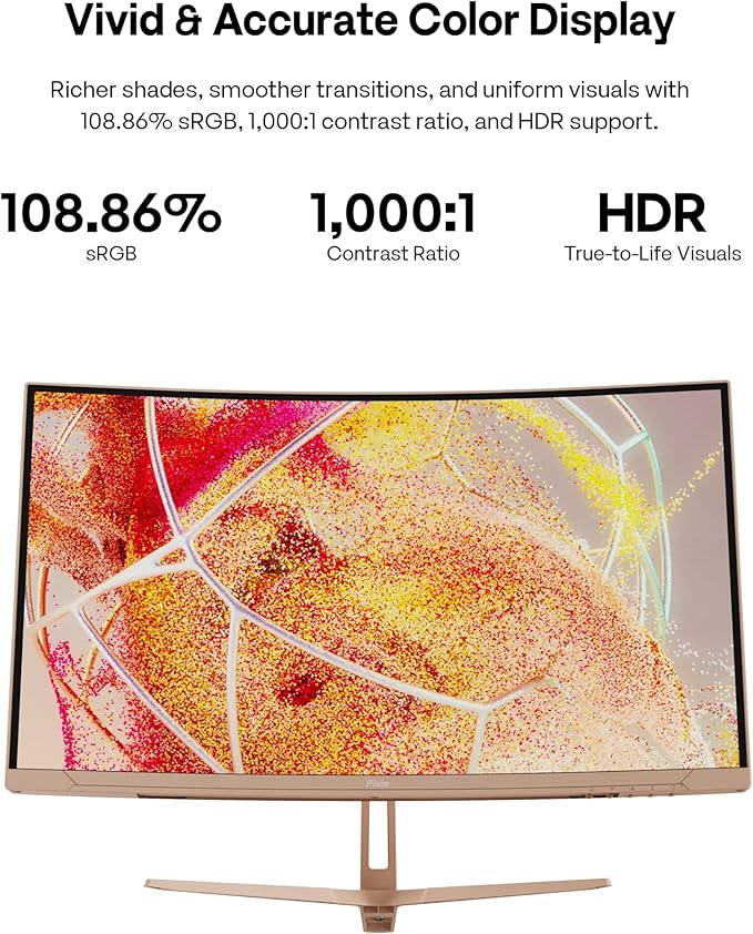 Pixio Two PXC248WAVE Beige 24 inch 200Hz Refresh Rate FHD 1080p Resolution 1500R Curve Fast VA Panel 1ms GTG Response Time HDR Curved Gaming Monitor and PS1D Wave Beige Dual Monitor Arm