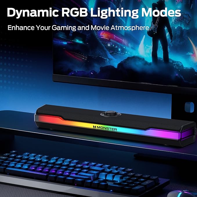 Monster S330 Computer Speakers HiFi Stereo Sound PC Speakers Bluetooth 6.0 Computer Sound Bar with Dynamic RGB Light USB/Type-C Plug &amp Play Gaming Speakers for Computer Desktop PC Laptop Ta