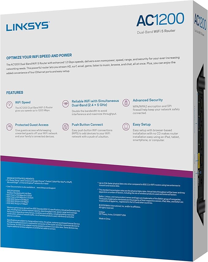 Linksys E5400 WiFi 5 Dual Band Router | 1500 Sq. ft Coverage | 10+ Devices | Parental Control Guest WiFi | Speeds (AC1200) 1.2Gbps