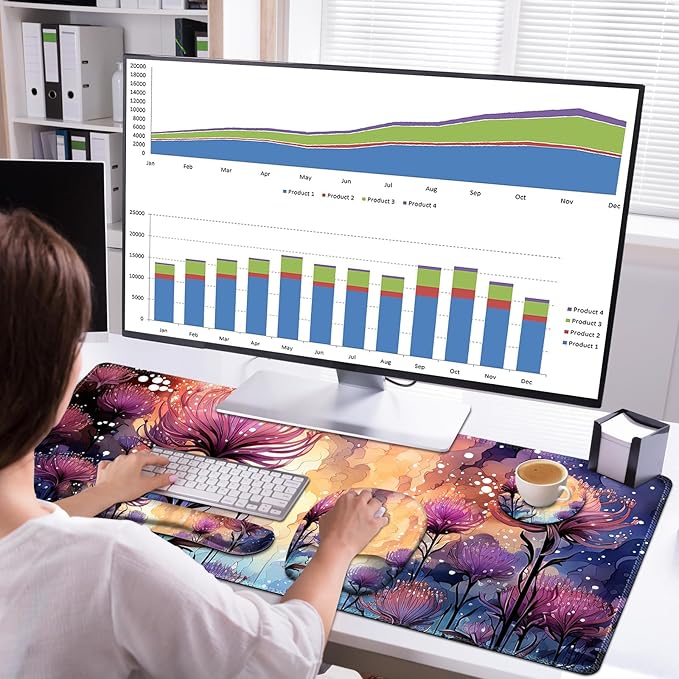 4 in 1 Large Mouse Pad Keyboard Wrist Rest Set Ergonomic Mouse Pad with Wrist Support Desk Mat with Stitched Edges Extended Desk Pad Waterproof Desk Mat for Home Office I Blossom Purple Flower