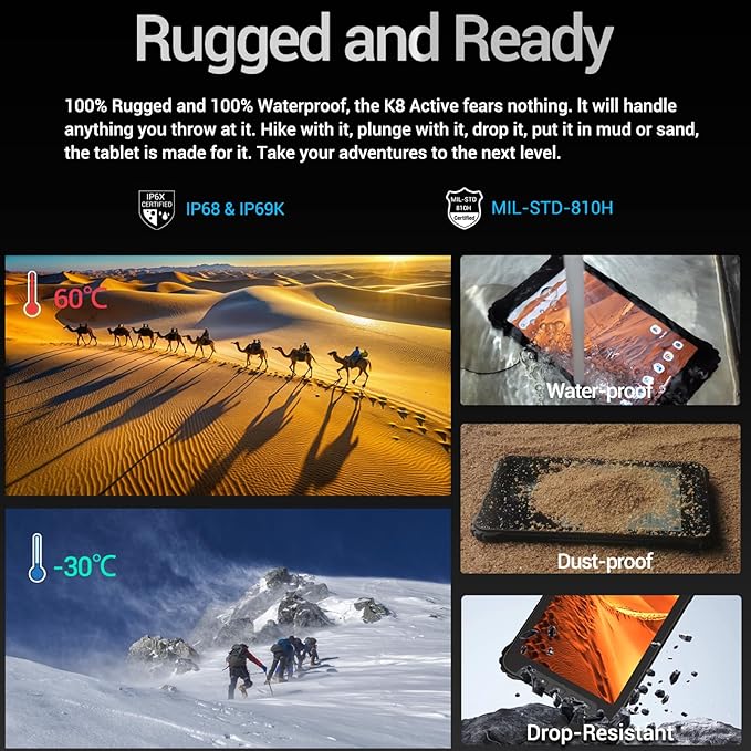 AOZORA K8 Active Rugged Tablet 8 Inch FHD+ 600nits Glove Touch AT&ampT/Verizon Network certified PTCRB T-Mobile Unlocked Qualcomm8-Core 12+128GB 20MP night vision+25MP Camera 10200mAh IP68&ampIP69K