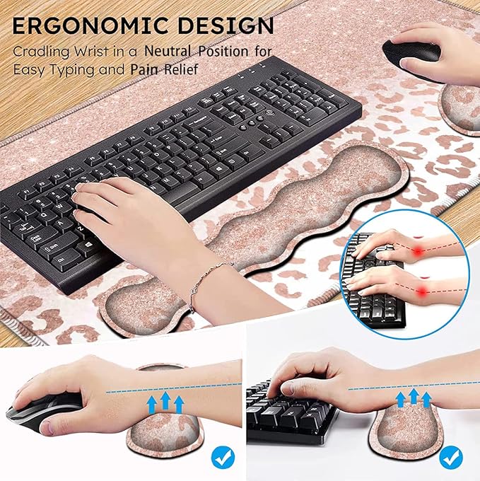 Large Mouse Pad and Gel Mouse Wrist Rest+ Memory Foam Keyboard Wrist Rest Support Set Non-Slip Rubber Base for OfficeHomeComputer Extended Gaming Mousepads XXL Leopard Star Pattern Pink Desk Mat