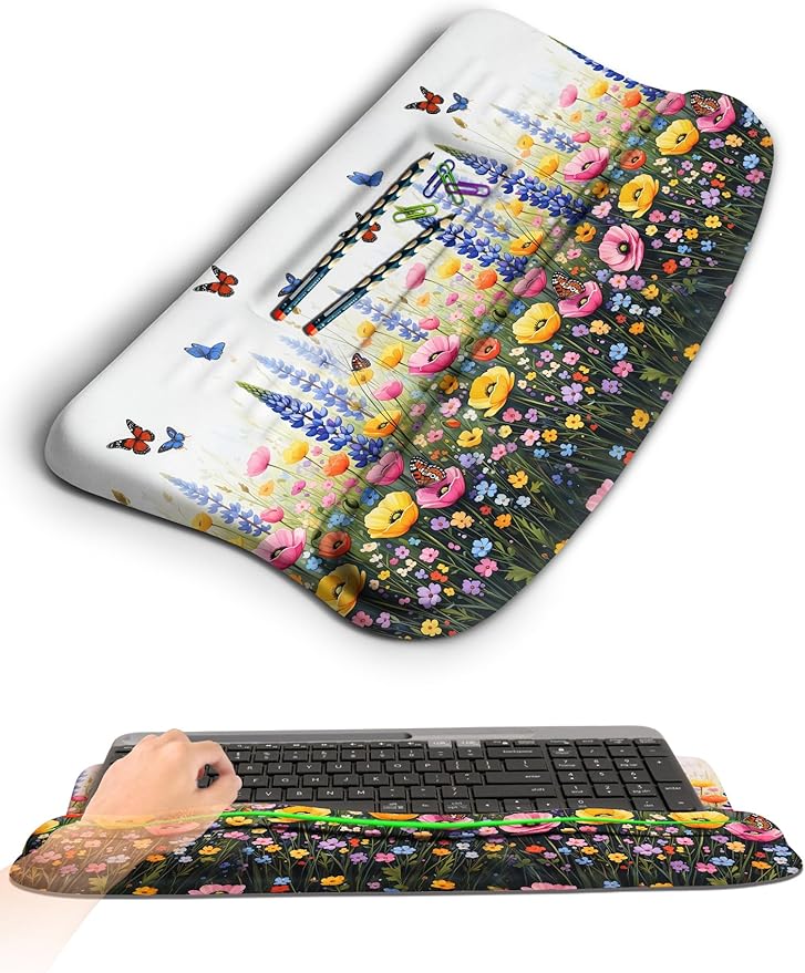 Ergonomic Wave Wrist Rest with Keyboard Stand Cushioned Palm Rest Comfortable Integrated Memory Foam for Natural Typing and Relieve Wrist Pain Flowers and Butterflies