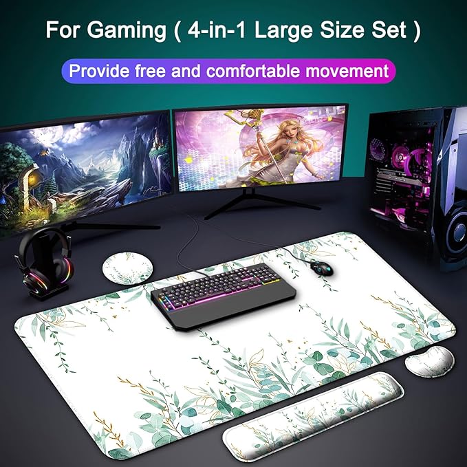 Keyboard Wrist Rest + Mouse Pad with Wrist Support + Desk Mat + Coaster 4 in 1 Set XXL Large Gaming Mousepad Cute Ergonomic Mouse Pads for Desk Computer Laptop Office Decor-Eucalyptus
