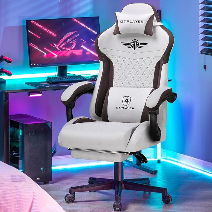 GTPLAYER Gaming Chair Video Game Chairs with Footrest and Lumbar Support Computer Chair for Adults with Extended Backrest Ergonomic Reclining Silla Gamer Fabric Brown