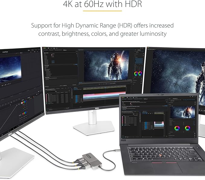 StarTech.com 3-Port USB-C Multi-Monitor Adapter USB Type-C to 3x DisplayPort 1.4 MST Hub Triple 4K 60Hz DP Laptop Display Extender / Splitter HDR Extra-Long Built-In Cable Windows (MST14CD123DP)