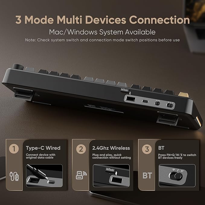RedThunder K75 Wireless Mechanical Keyboard CNC Knob Tri-Mode BT5.0/2.4GHz/USB-C Hot Swappable Custom Pre-lubed Linear Coconut Switches Gasket Structure RGB Gaming Keyboard Black-Gold