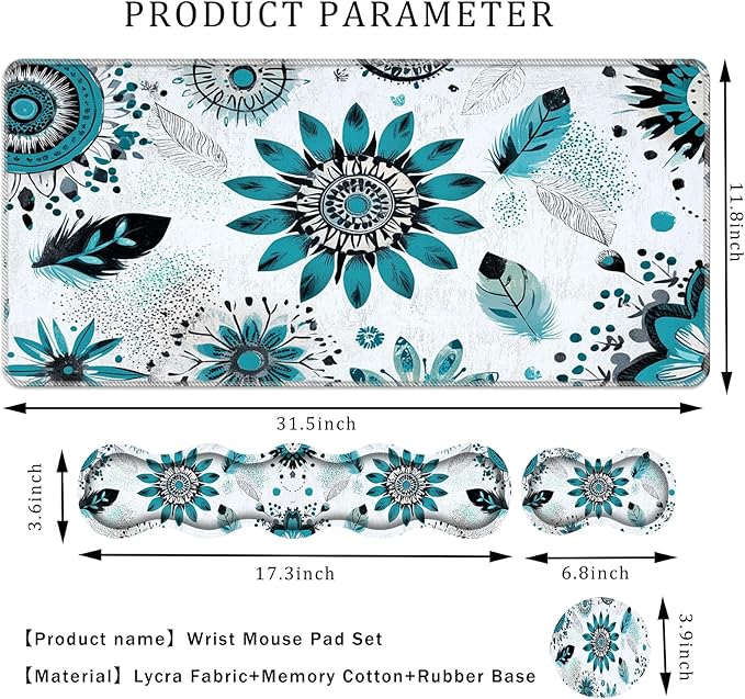 Keyboard Wrist Rest SetMemory Foam Wrist Support Mouse Pad31.5x11.8 Desk Mat for Comfortable Typing &amp Pain ReliefNon-Slip Base for Office &amp Home Use - Floral Feather