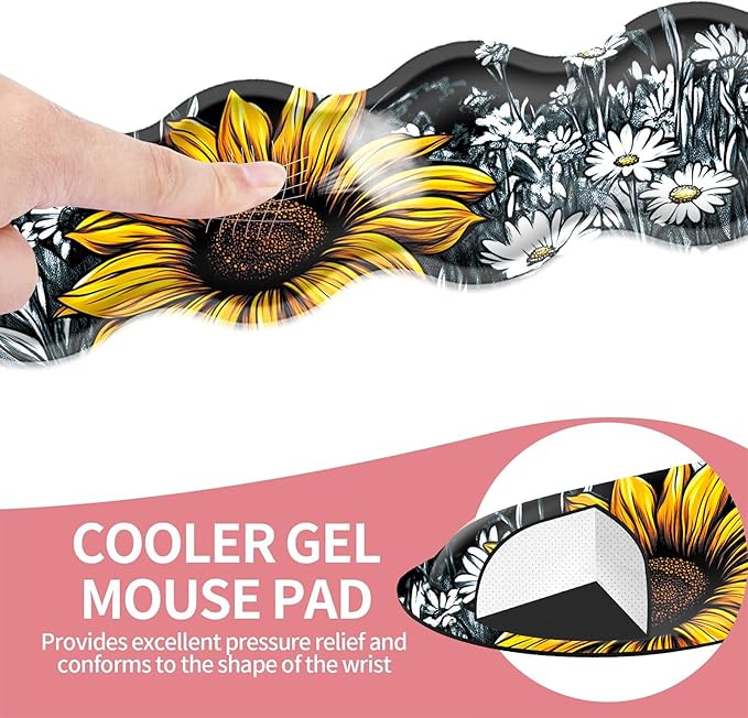 Large Gaming Mouse Pad Keyboard Wrist Rest Pad &amp Wrist Support Mousepad Set Stitched Edge Extended Non-Slip Base Memory Foam Desk Mat for Office HomeSunflowers and Daisies
