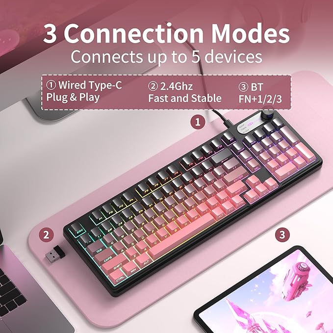 MageGee GK960 Wireless Gaming Keyboard RGB Tri-Mode Wired/BT/2.4G Creamy Keyboard with Number Pad 4000mAh Battery Knob Control Side Printed Keycaps 19-Key Anti-Ghosting for Win/Mac (Black &amp P