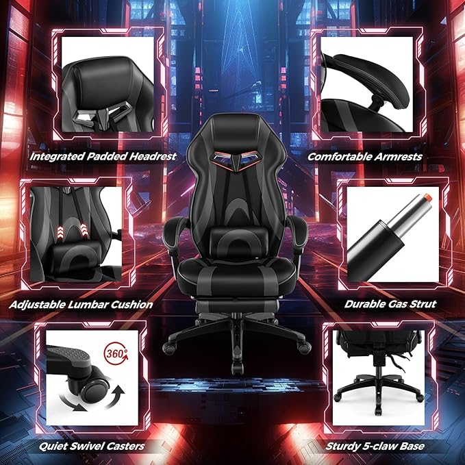 COSTWAY Gaming Chair Ergonomic Adjustable Racing Video Game Chair w/Retractable Footrest Padded Headrest &amp Lumbar Support High Back Reclining Home Office Computer Gamer Chair for Adults (Grey)