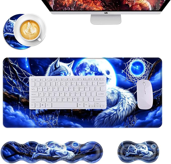 Mouse PadLarge Desk Mat Set 4in1 XL Mousepad + Keyboard Wrist Rest+Mouse Wrist Rest+Coaster with Ergonomic Desk Pad for Home Office Table Computer Cover -Wolf Moon Dreamcatcher