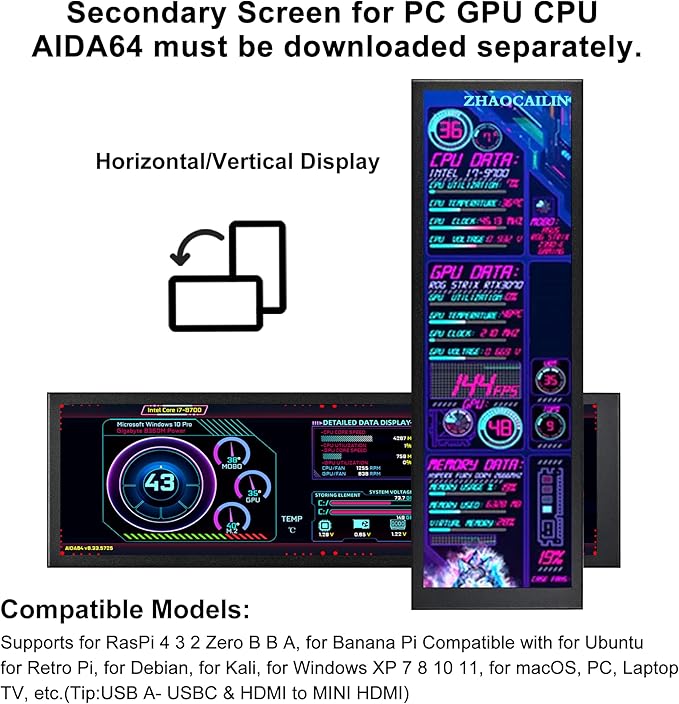 8.8 Inch FHD Computer Secondary Screen IPS 1920x480 LCD Display CPU Temperature Monitor with Casing for Computer Case Temperature Windows Aida64 CPU GPU Monitor