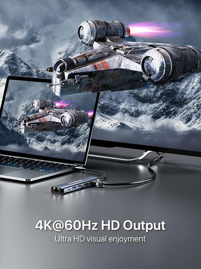 USB C Hub Ethernet DockteckExpand 7-in-1 Multiport Adapter Type C to 4K@60Hz HDMI Gigabit Ethernet 100W PD Charging 2 USB 3.0 SD/TF Card Readers for MacBook Pro/Air iPad Pro/Air XPS and More