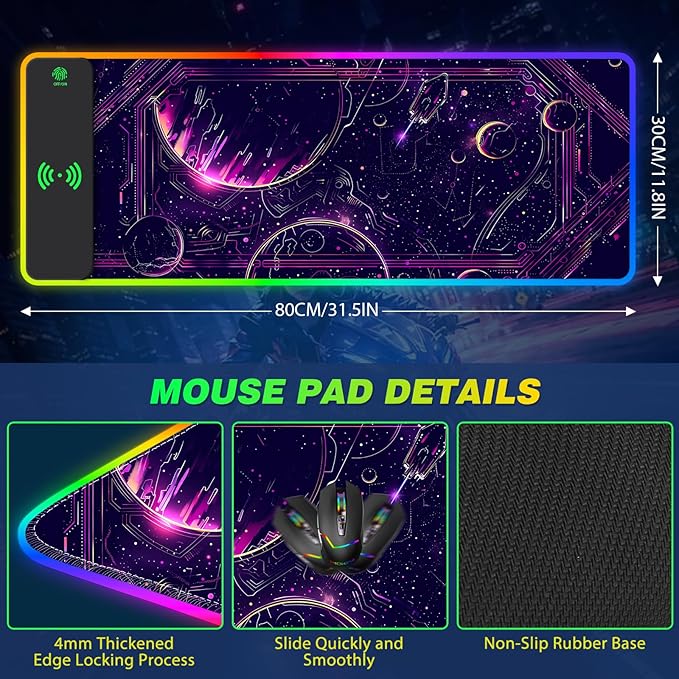 AIMSA Wireless Charging15W Wireless Fast Charging with Mouse Pad Large Keyboard RGB Mouse Pad with 14 LED Light Modes Non-Slip Desk Pad Purple Planet