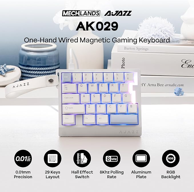 MechLands AJAZZ AK029 One Handed Gaming Keyboard 8Khz Polling 29 Keys Rapid Fast Wired Keyboard SOCD &amp DKS Magnetic Switch Adjustable Actuation RGB Backlits Aluminum Plate (White)
